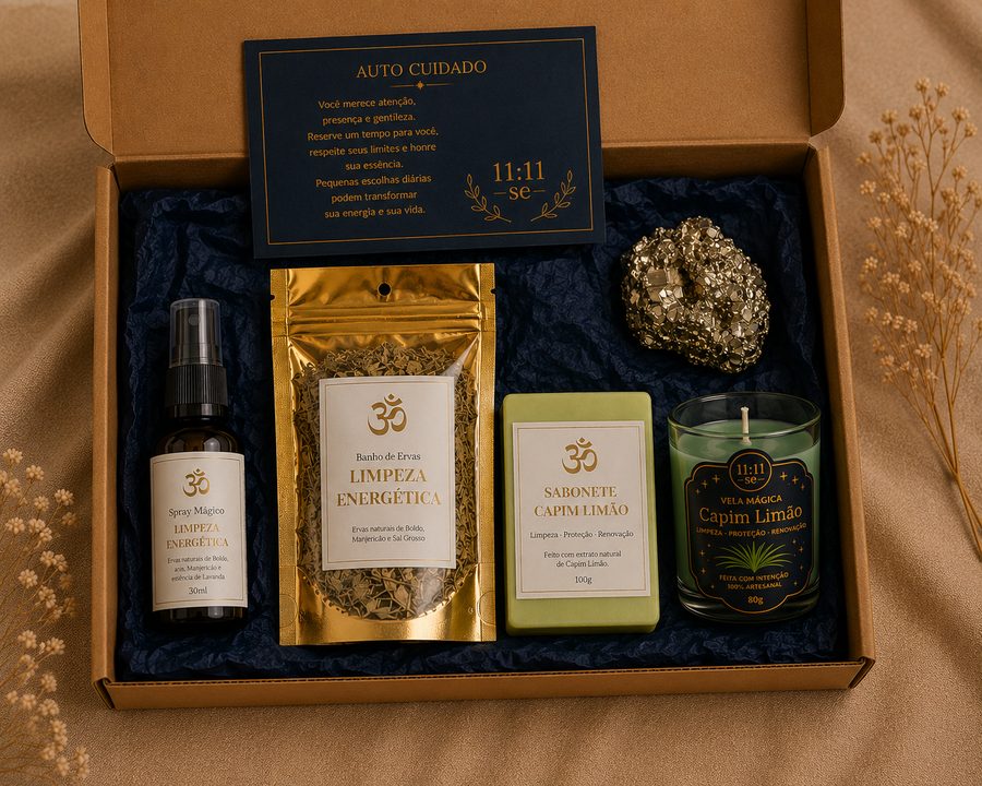 Kit do plano Clássico: spray mágico, banho de ervas, sabonete, vela e pirita