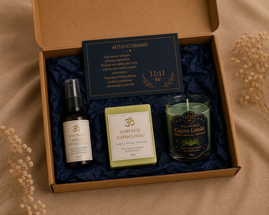 Kit do plano Essencial: spray mágico, sabonete e vela Capim Limão
