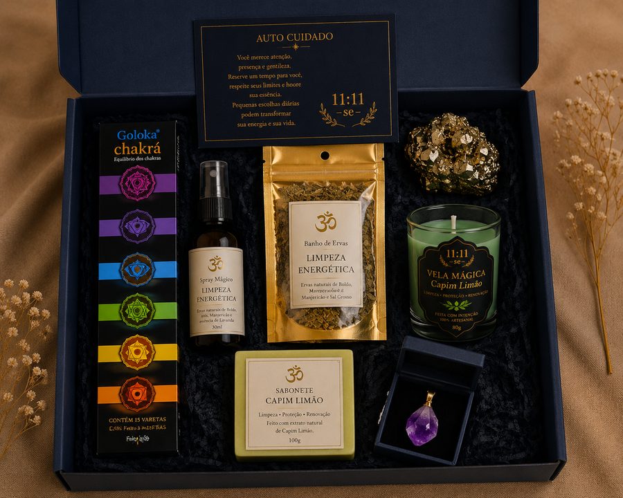 Kit do plano Premium: incenso Goloka Chakrá, spray mágico, banho de ervas, sabonete, vela, pirita e pingente de ametista